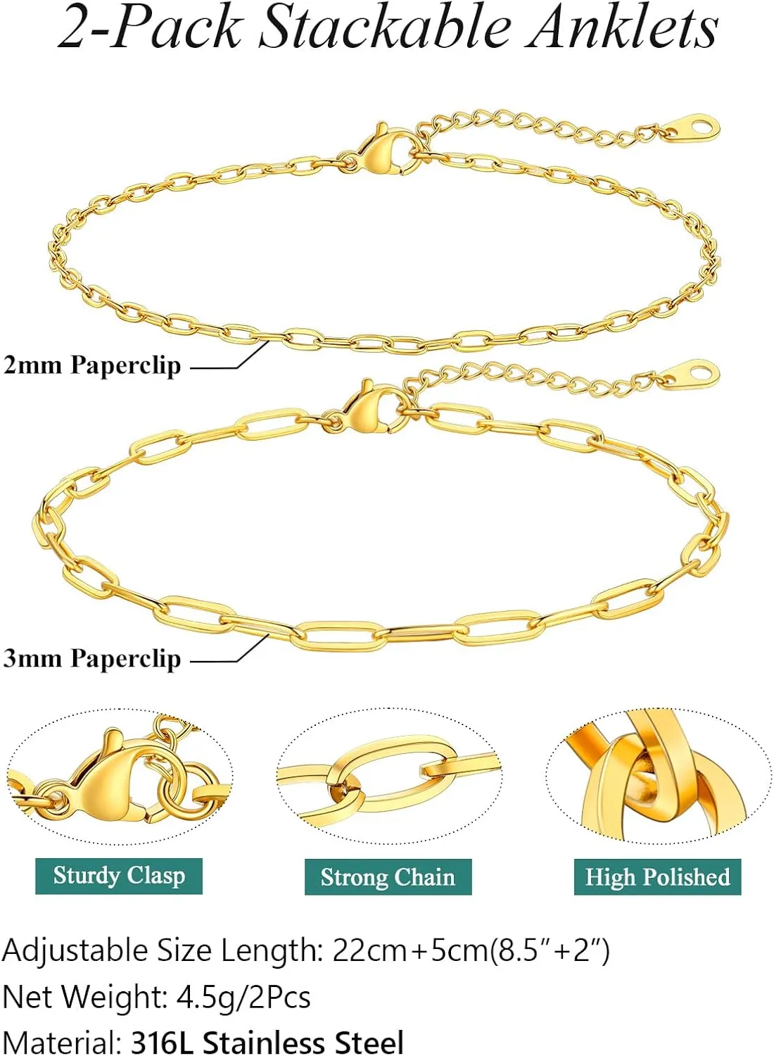 FaithHeart 1/2/3Pcs Ankle Bracelets for Women, Waterproof Layered Anklet Set Paperclip Figaro Cuban Link Chain Dainty Summer Beach Jewelry Gift for Women Adjustable Size