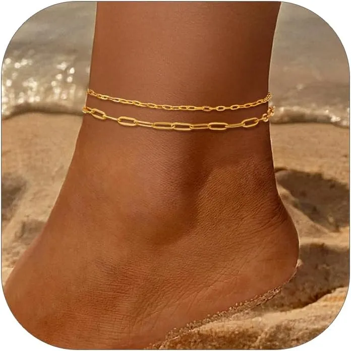FaithHeart 1/2/3Pcs Ankle Bracelets for Women, Waterproof Layered Anklet Set Paperclip Figaro Cuban Link Chain Dainty Summer Beach Jewelry Gift for Women Adjustable Size