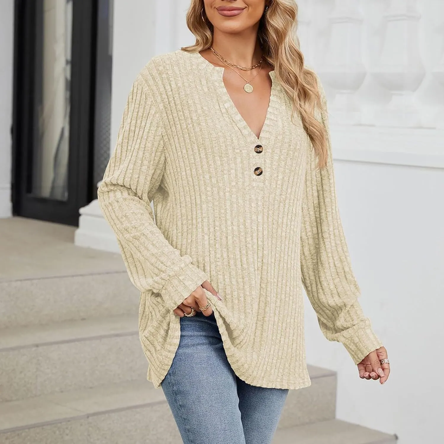 Fall Knitted Sweater for Women Solid Color Warm Long Sleeve V Neck Stripe Textured Pullovers Comfy Warm Thick Tops