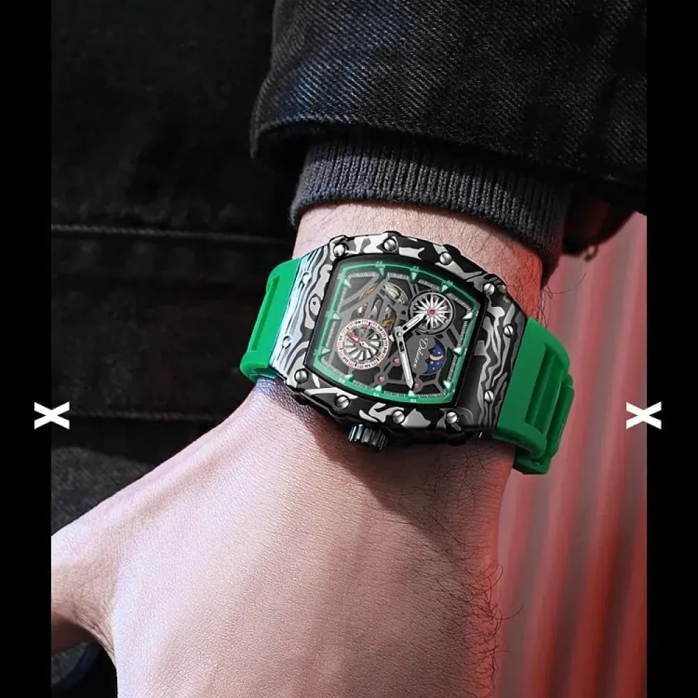 Fashion Tonneau Skeleton Flywheel Sports Watches for Men Hollow Dial Automatic Mechanical Watch Luxury Moon Phase Luminous Wristwatch