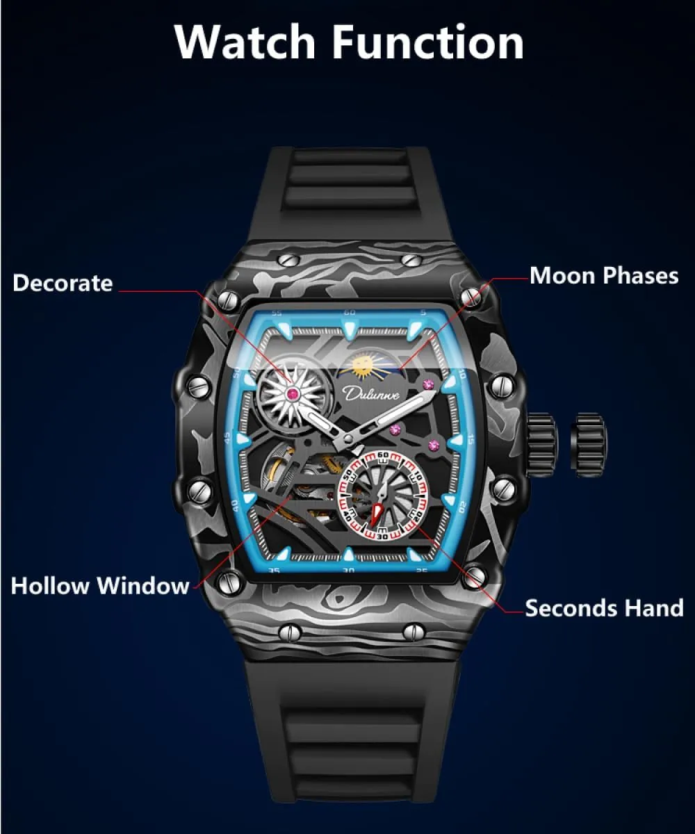 Fashion Tonneau Skeleton Flywheel Sports Watches for Men Hollow Dial Automatic Mechanical Watch Luxury Moon Phase Luminous Wristwatch