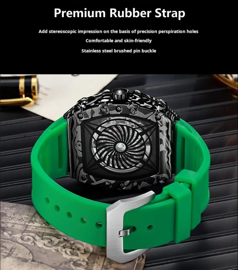 Fashion Tonneau Skeleton Flywheel Sports Watches for Men Hollow Dial Automatic Mechanical Watch Luxury Moon Phase Luminous Wristwatch