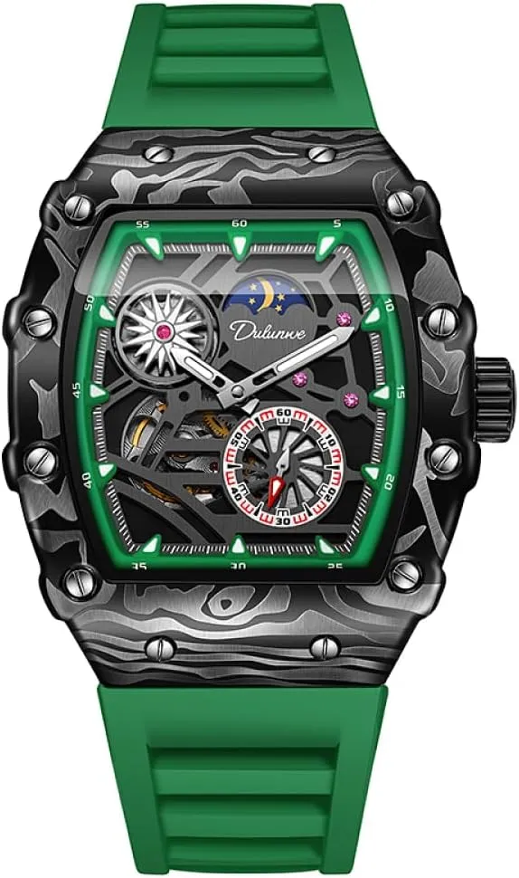 Fashion Tonneau Skeleton Flywheel Sports Watches for Men Hollow Dial Automatic Mechanical Watch Luxury Moon Phase Luminous Wristwatch