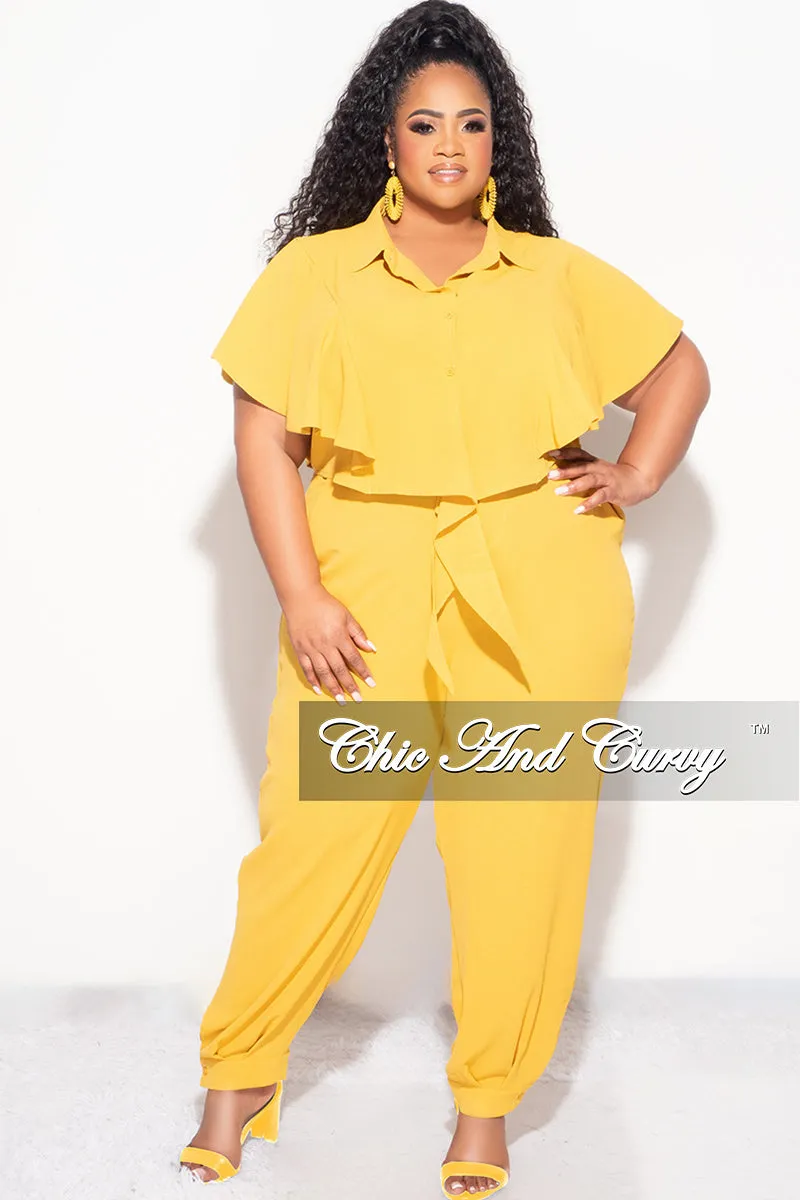 Final Sale Plus Size 2pc Button Up Collar Top and Pants Set in Mustard