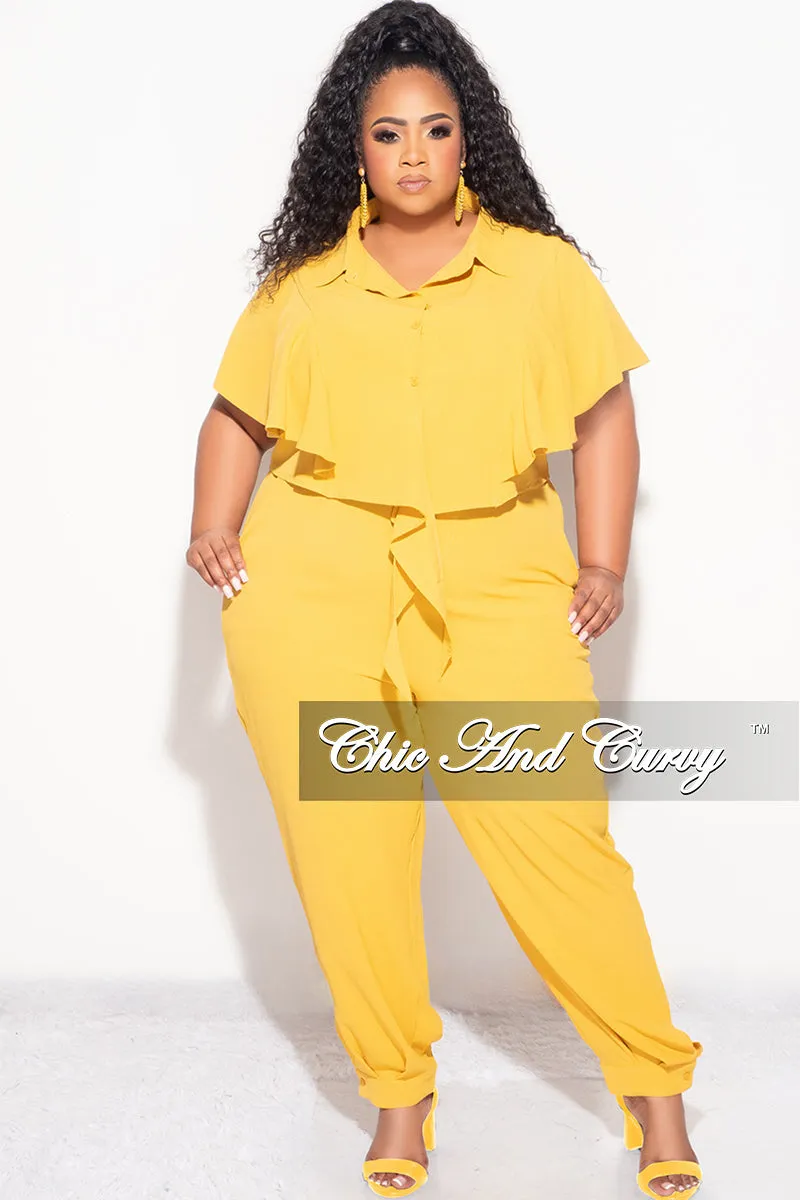Final Sale Plus Size 2pc Button Up Collar Top and Pants Set in Mustard