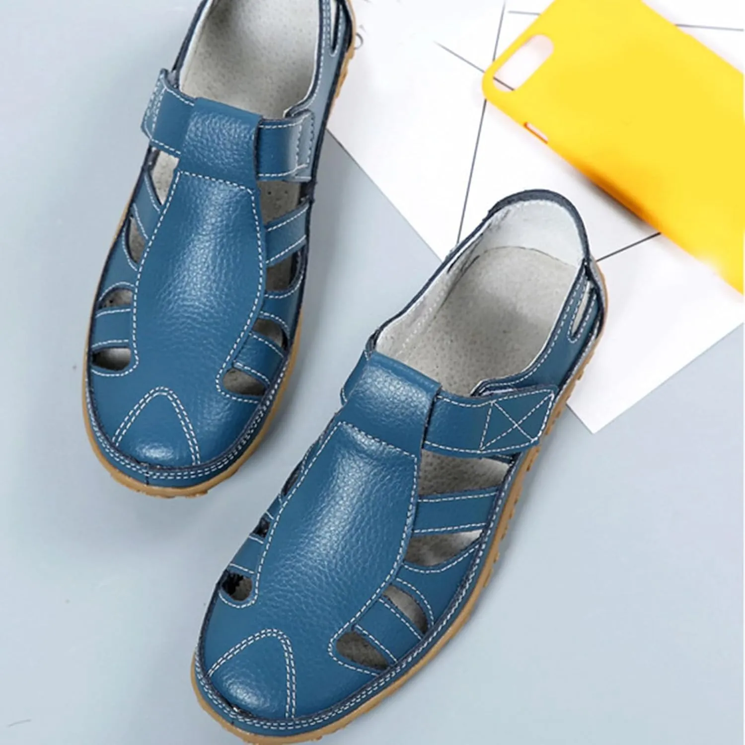Fisherman Sandals for Women 2025 Summer Casual Closed Toe Leather Sandals Non-Slip Sole Hollow Out Walking Sandal Magic Tape Soft Sole Orthopedic Beach Shoes Outdoor Activities Shoes