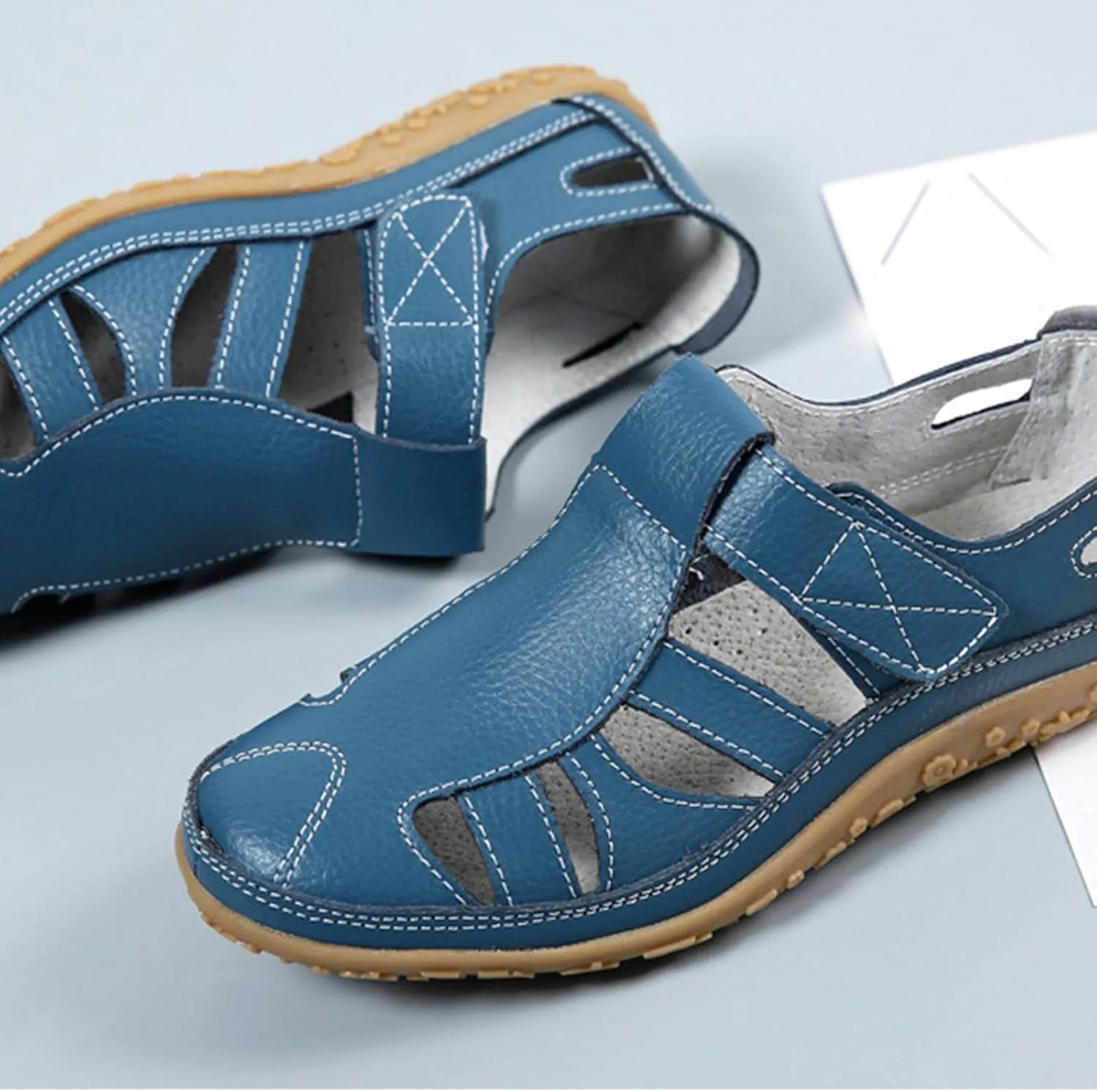 Fisherman Sandals for Women 2025 Summer Casual Closed Toe Leather Sandals Non-Slip Sole Hollow Out Walking Sandal Magic Tape Soft Sole Orthopedic Beach Shoes Outdoor Activities Shoes