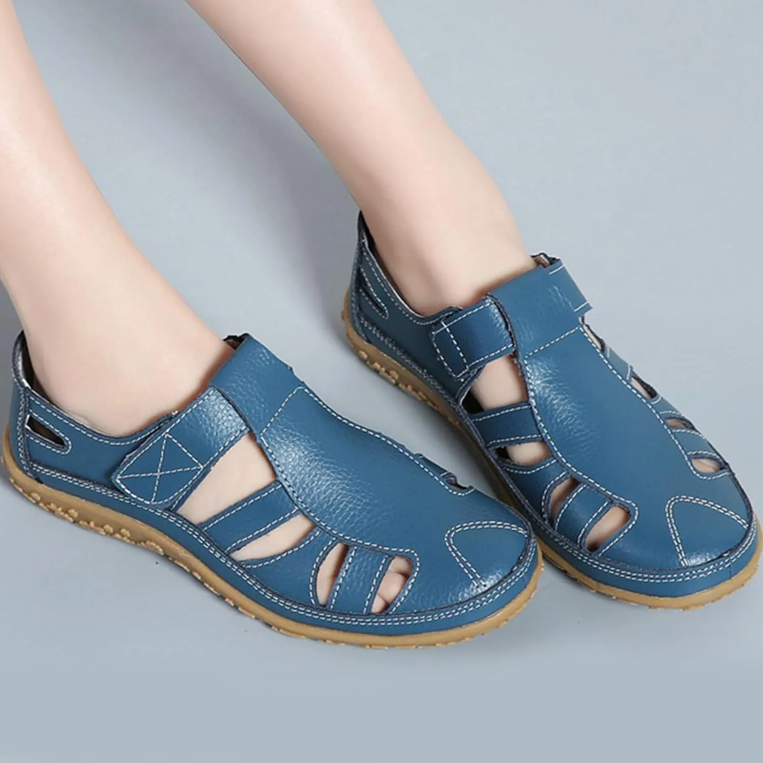 Fisherman Sandals for Women 2025 Summer Casual Closed Toe Leather Sandals Non-Slip Sole Hollow Out Walking Sandal Magic Tape Soft Sole Orthopedic Beach Shoes Outdoor Activities Shoes