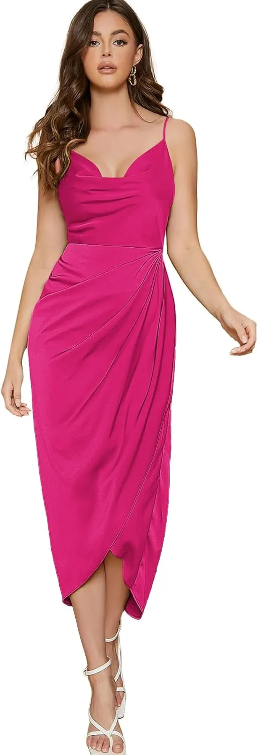 Floerns Women's Plus Size Satin Spaghetti Strap Cowl Neck Wrap Party Cami Dress