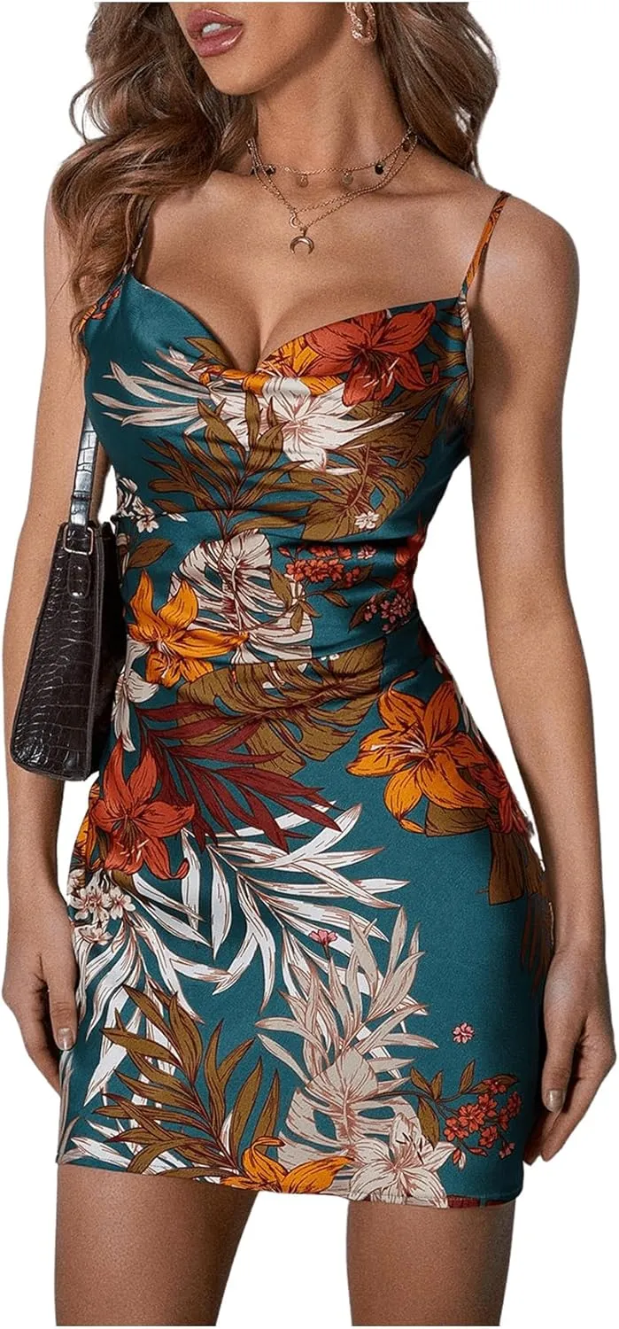 Floerns Women's Summer Spaghetti Strap Cowl Neck Satin Mini Tropical Dress