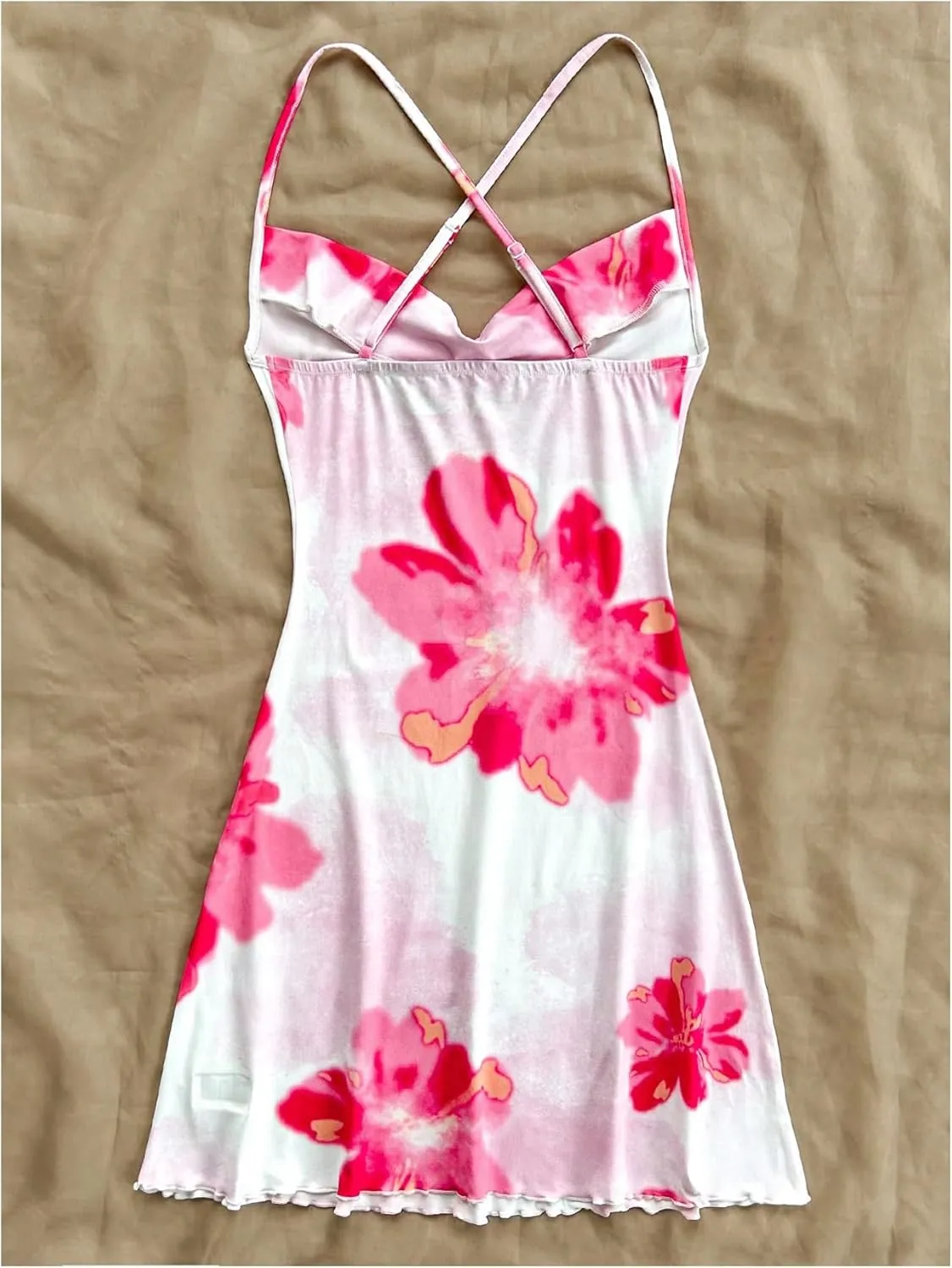 Floerns Women's Summer Spaghetti Strap Cowl Neck Satin Mini Tropical Dress