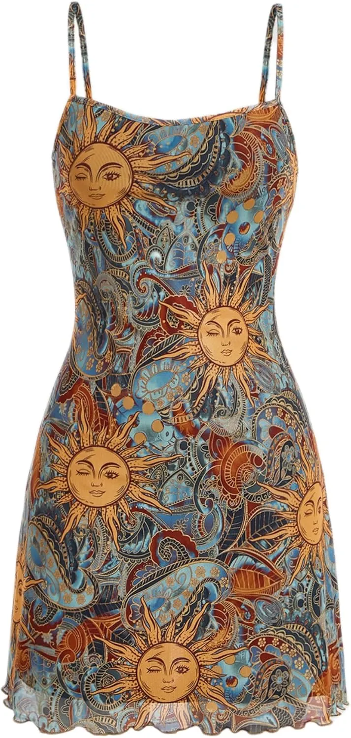 Floerns Women's Summer Spaghetti Strap Cowl Neck Satin Mini Tropical Dress
