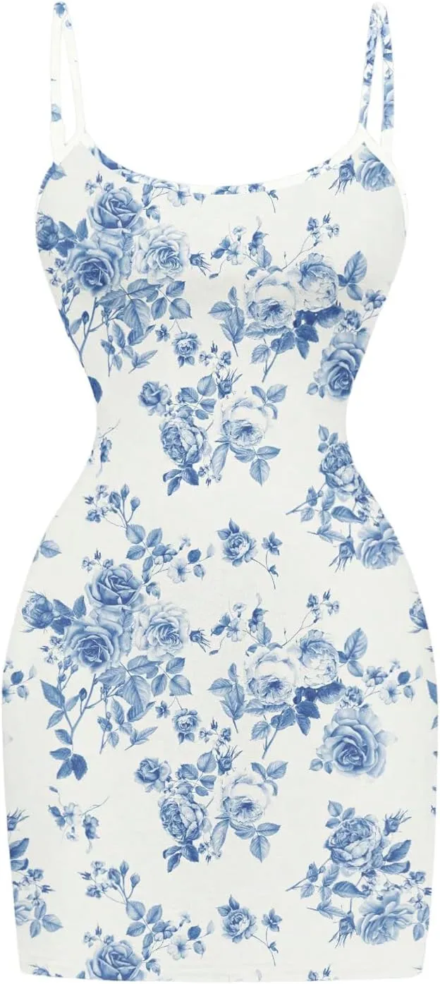 Floerns Women's Summer Spaghetti Strap Cowl Neck Satin Mini Tropical Dress