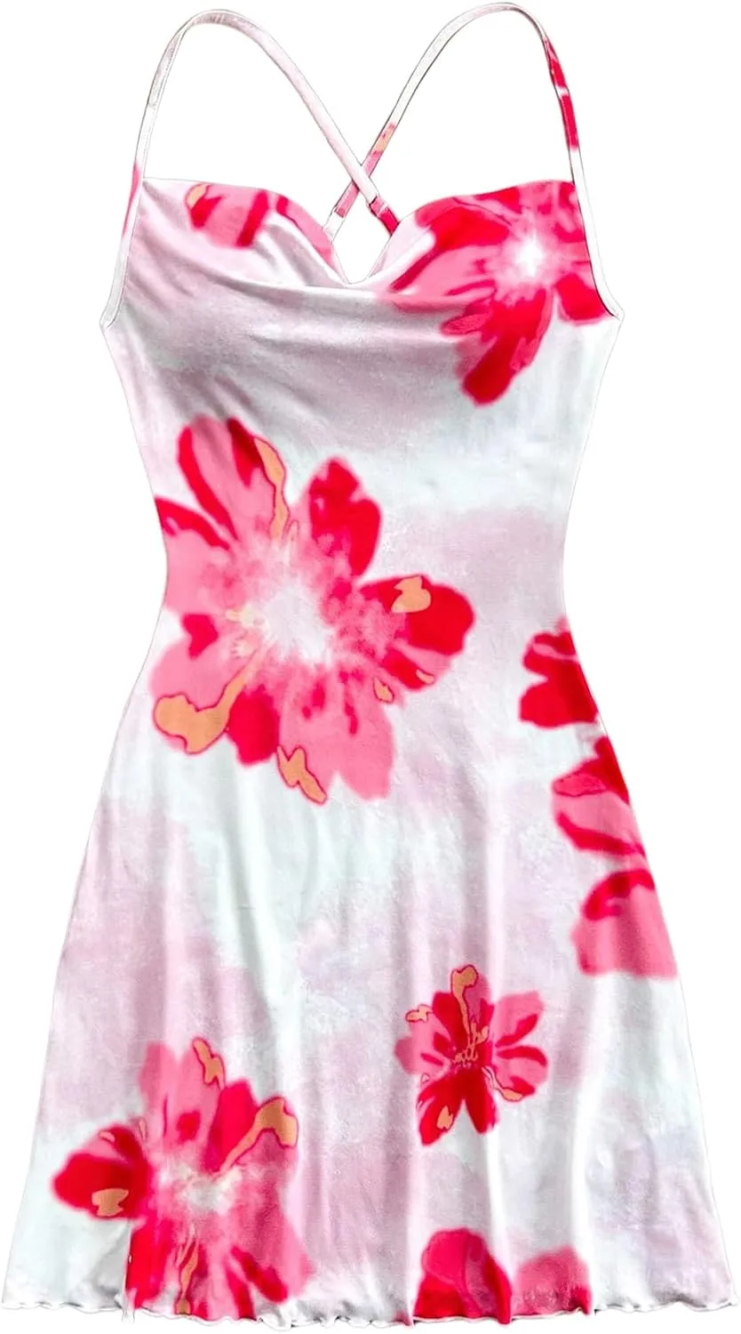 Floerns Women's Summer Spaghetti Strap Cowl Neck Satin Mini Tropical Dress