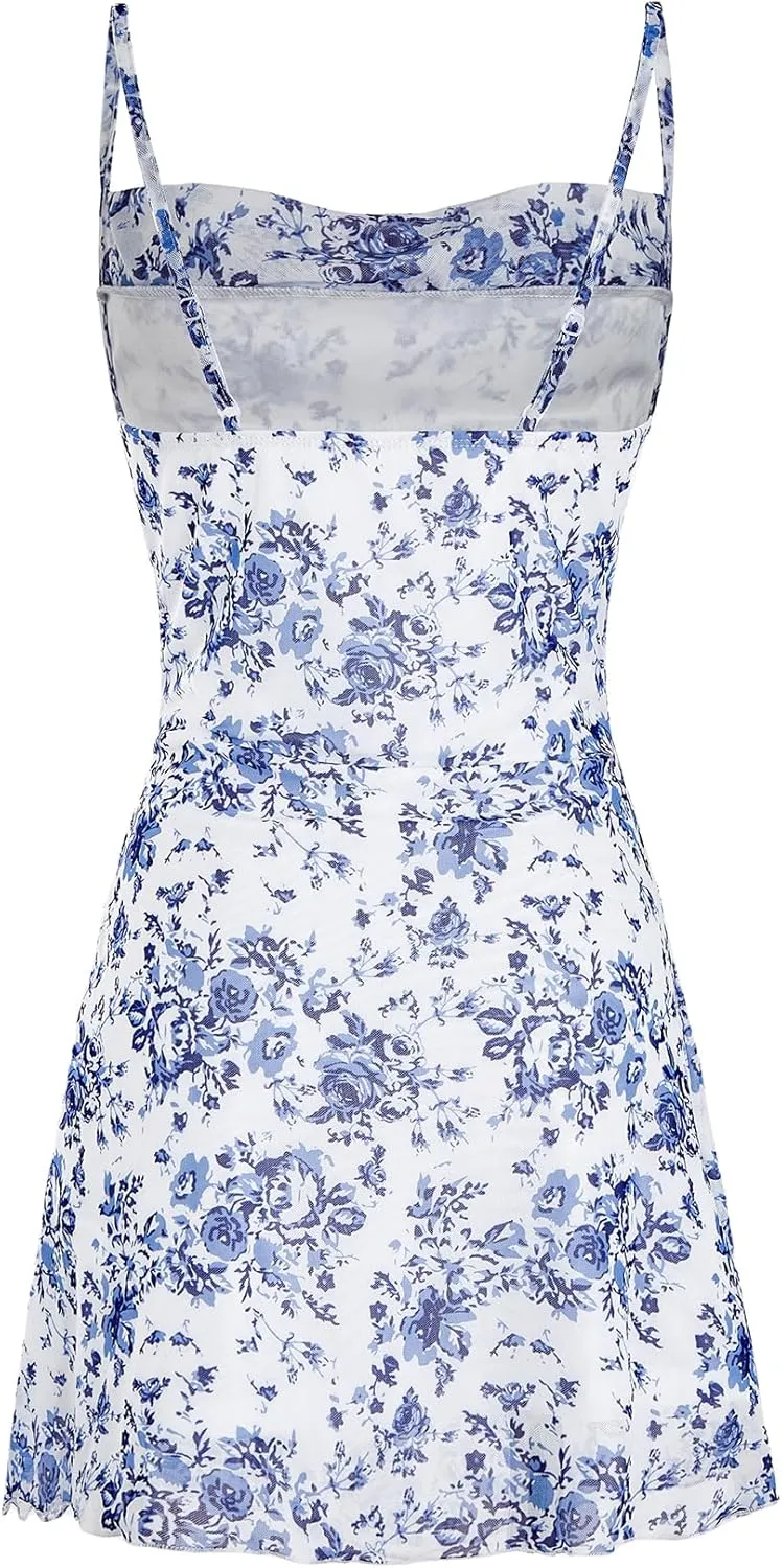 Floerns Women's Summer Spaghetti Strap Cowl Neck Satin Mini Tropical Dress