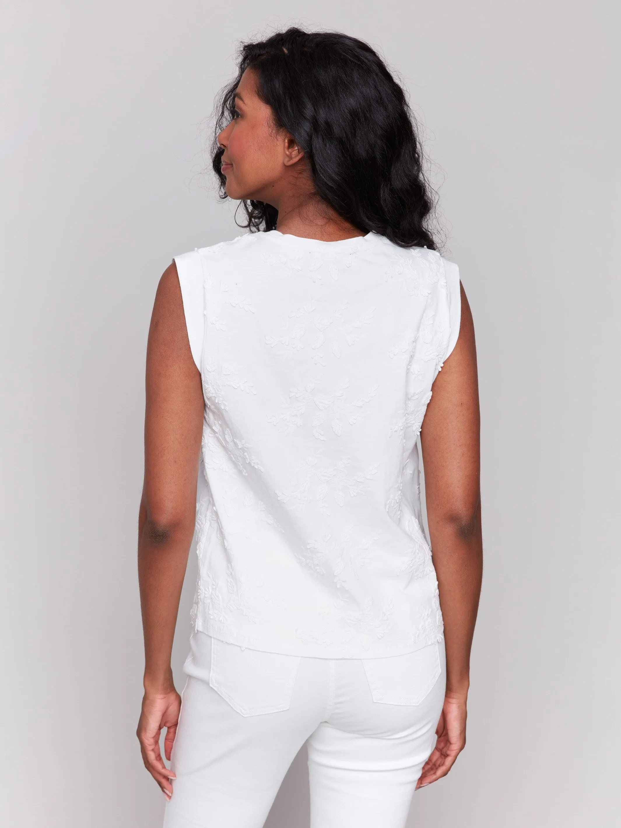 Floral Embroidered Sleeveless Cotton Top - White