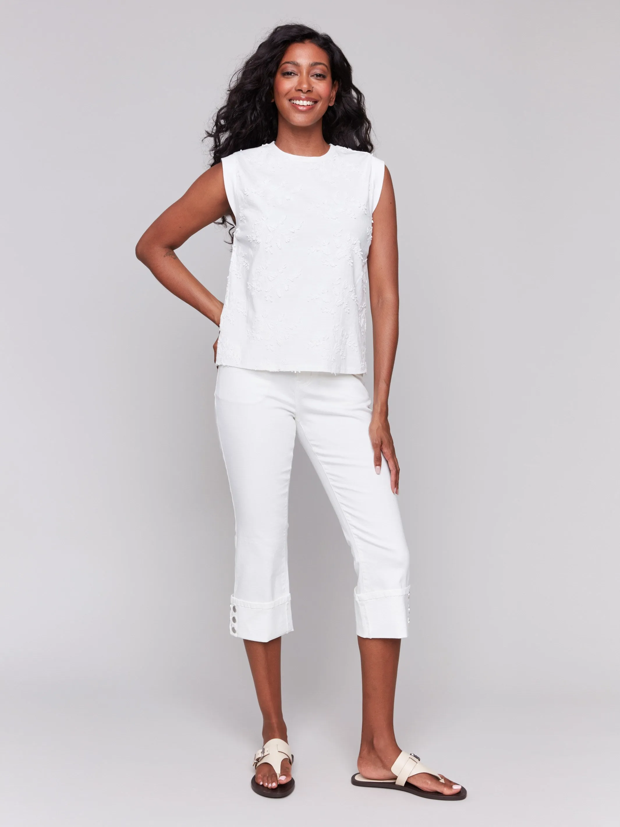 Floral Embroidered Sleeveless Cotton Top - White