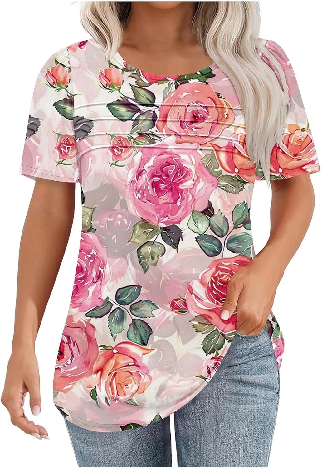 Floral Tops for Women Short Sleeve Crew Neck Casual Tops Trendy Boho Blouses Tshirt Loose Fit Tunic Hawaiian Shirts