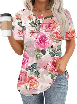 Floral Tops for Women Short Sleeve Crew Neck Casual Tops Trendy Boho Blouses Tshirt Loose Fit Tunic Hawaiian Shirts