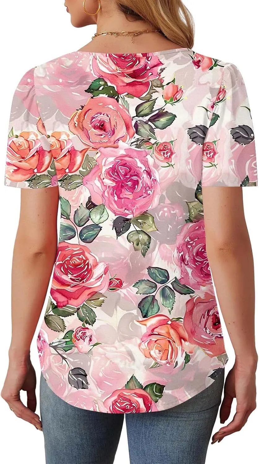 Floral Tops for Women Short Sleeve Crew Neck Casual Tops Trendy Boho Blouses Tshirt Loose Fit Tunic Hawaiian Shirts