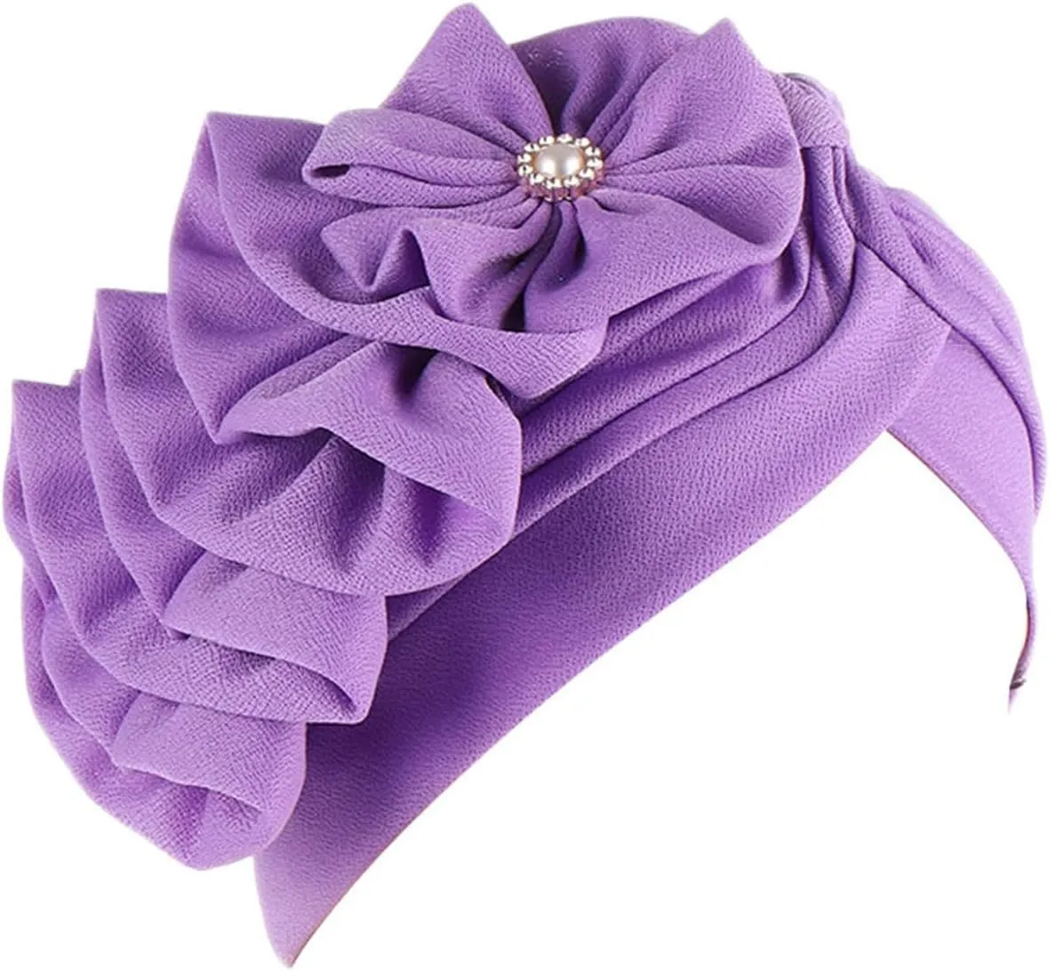Flower Head Wraps for Women Pearls Rhinestones Hair Turban Cap Stretchy Head Scarf Muslim Hair Wraps Hats (Purple, One Size)