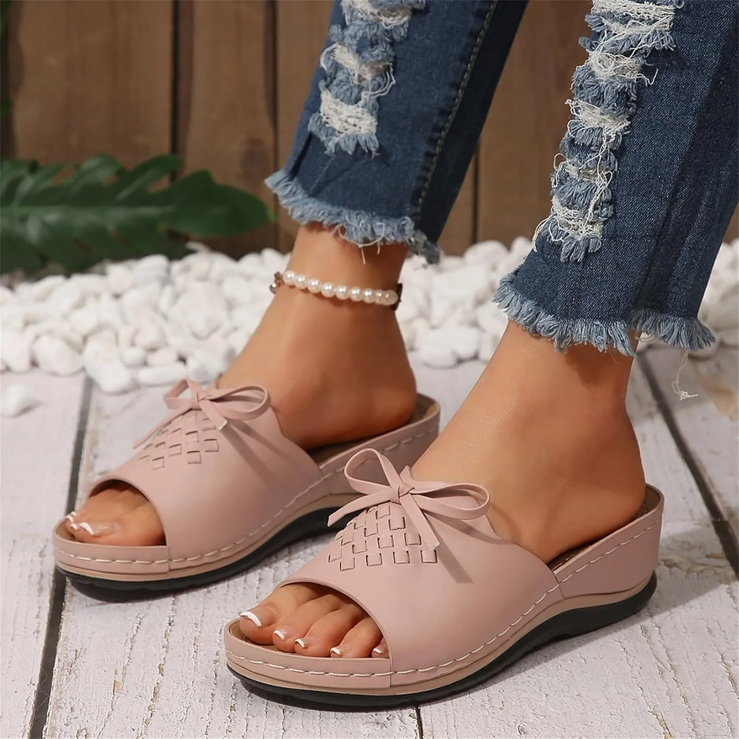 Flower Sandals for Women Summer Boho Hollow Out Beach Shoes Slippers Comfortable Open Toe Low Wedge Platform Sandals