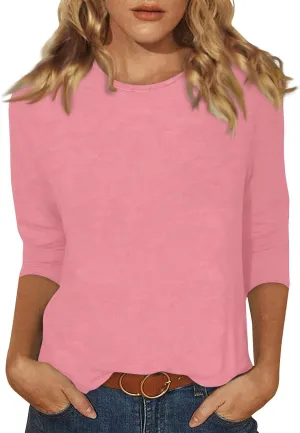 FONMA 3/4 Sleeve Tops for Women Casual Solid/Floral Printed Crewneck T Shirt Loose Fit Three Quarter Length Tunic Top Blouse