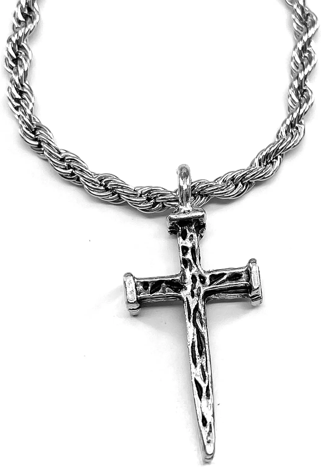 FORGIVEN JEWELRY Nail Cross Necklace Antique Silver Finish Stainless Steel Twisted Rope Chain
