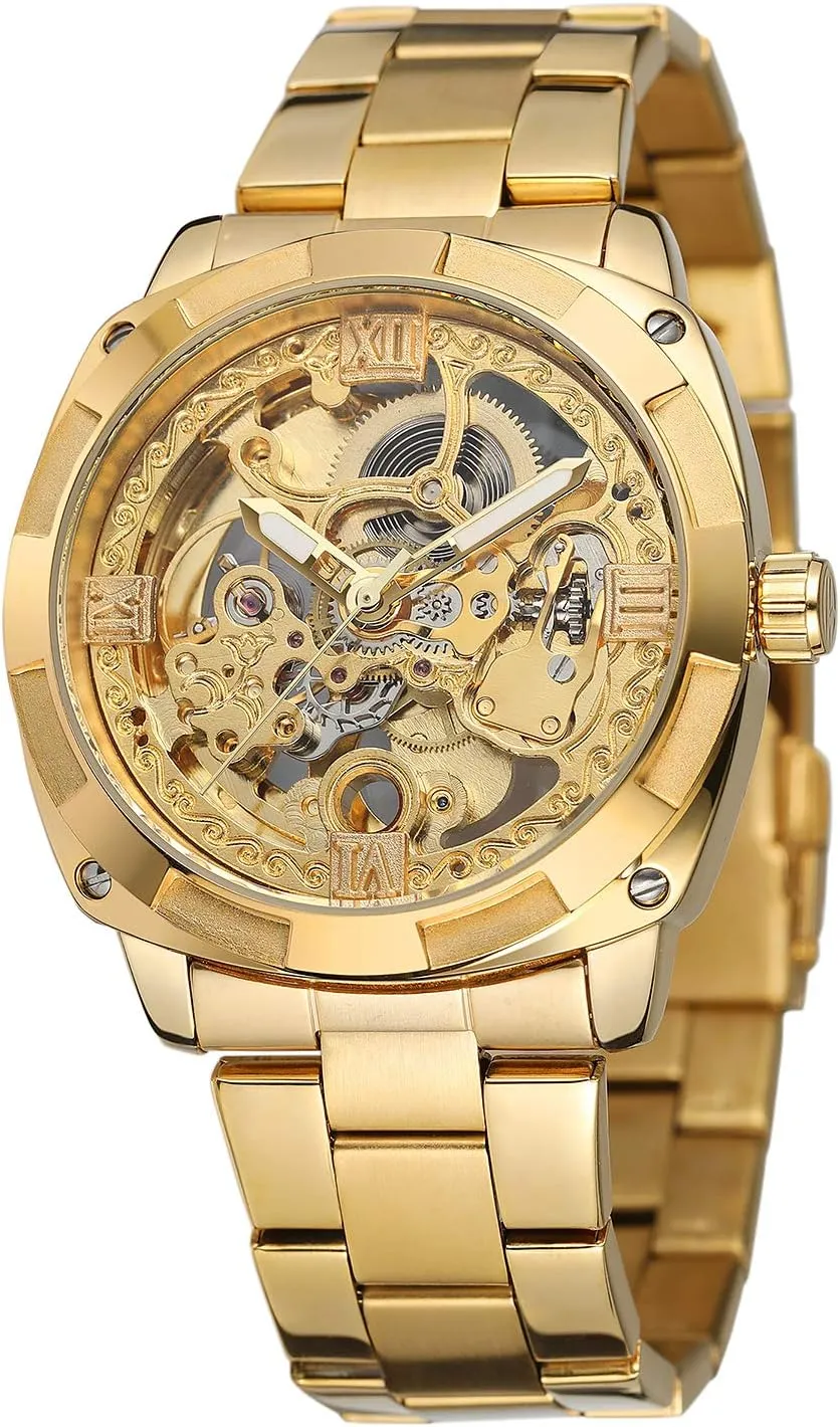 FORSINING Men's Trendy Steampunk Automatic Stainless Steel Gold Bracelet Watches for Various Occasions
