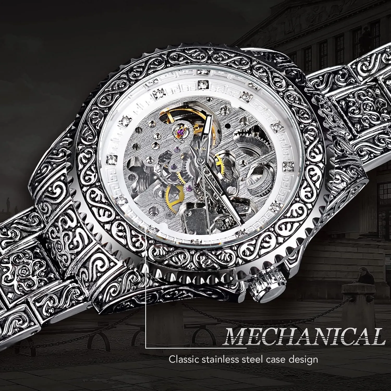 FORSINING Retro Watch for Men Hollow Skeleton Self-Wind Mechanical Vintage Carved Tattoo Automatic Big Dial Diamond Scale Wrist Watches