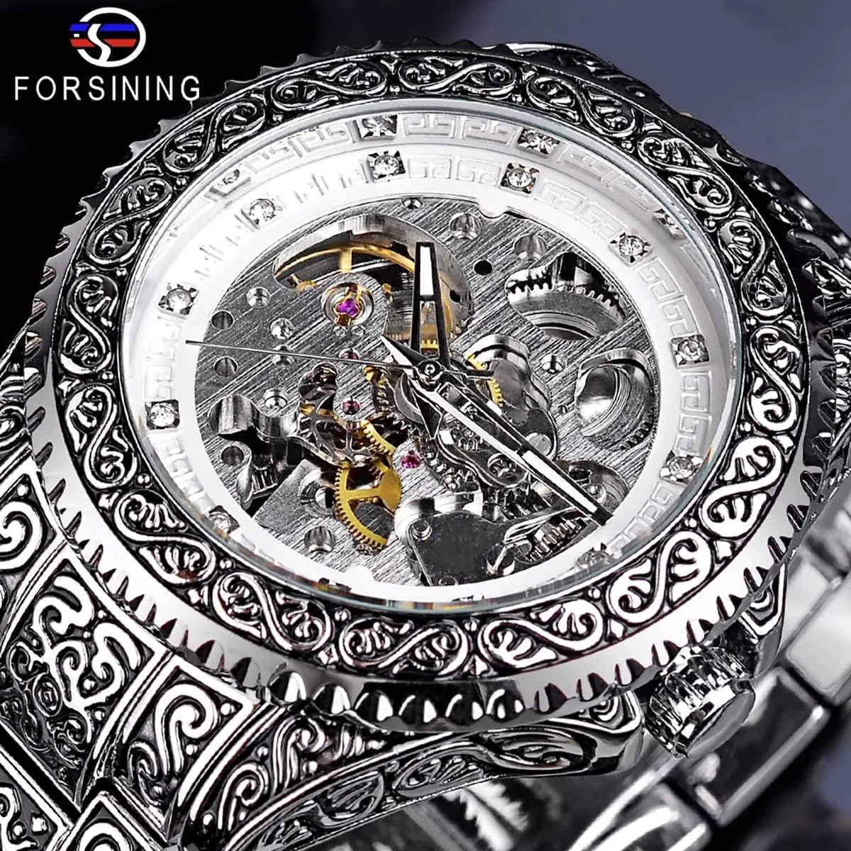 FORSINING Retro Watch for Men Hollow Skeleton Self-Wind Mechanical Vintage Carved Tattoo Automatic Big Dial Diamond Scale Wrist Watches