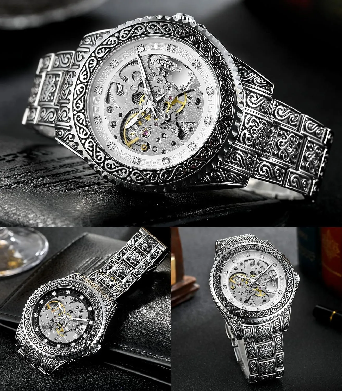FORSINING Retro Watch for Men Hollow Skeleton Self-Wind Mechanical Vintage Carved Tattoo Automatic Big Dial Diamond Scale Wrist Watches