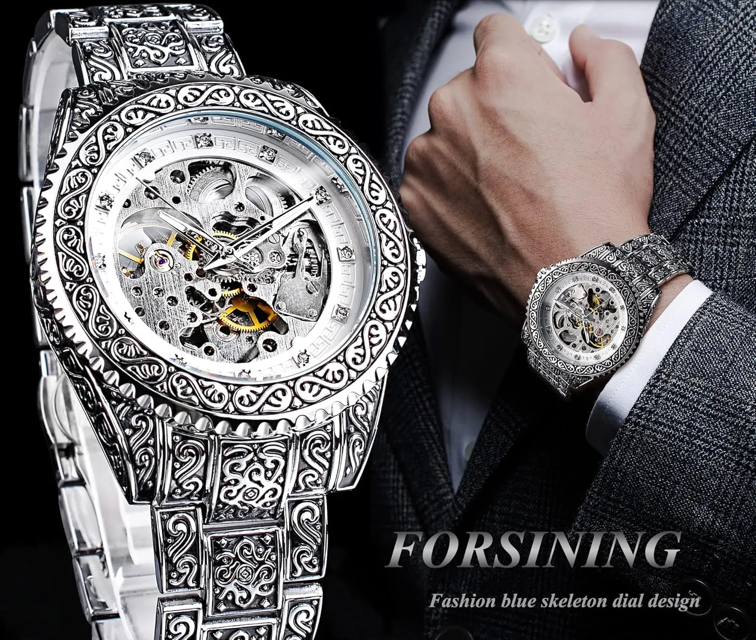 FORSINING Retro Watch for Men Hollow Skeleton Self-Wind Mechanical Vintage Carved Tattoo Automatic Big Dial Diamond Scale Wrist Watches