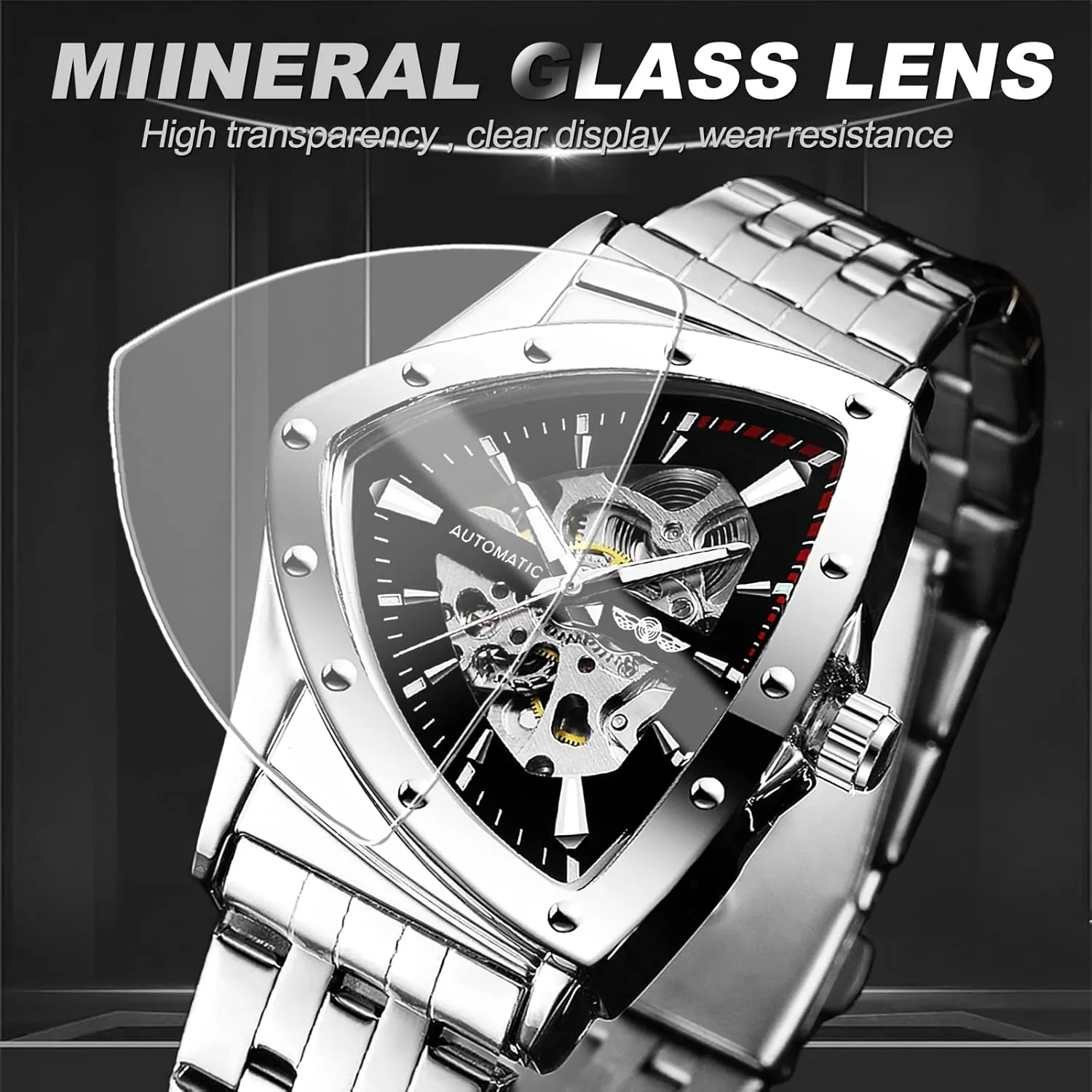 FORSINING Triangle Skeleton Men's Automatic Mechanical Watch Luxury Gold Black Stainless Steel Watches Waterproof Luminous Sports Wristwatch