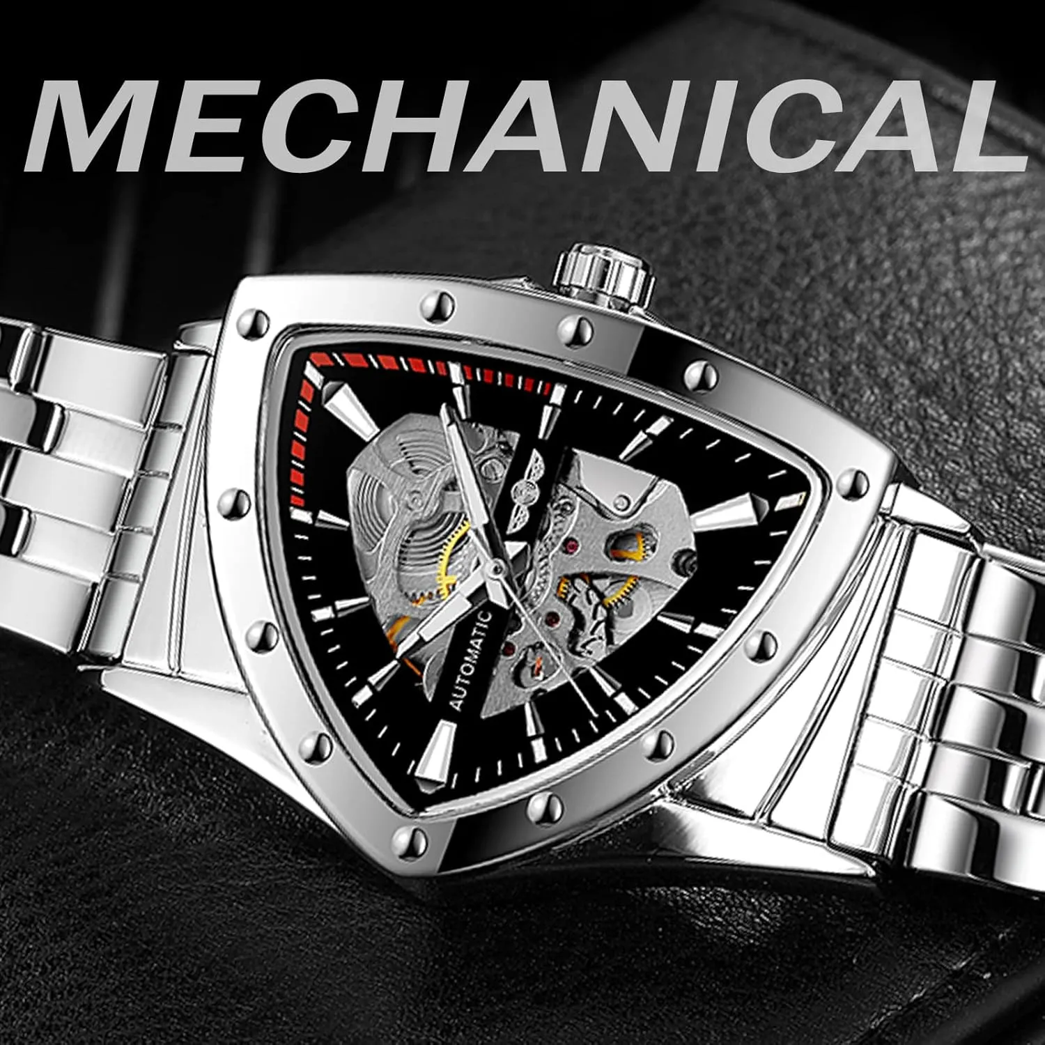 FORSINING Triangle Skeleton Men's Automatic Mechanical Watch Luxury Gold Black Stainless Steel Watches Waterproof Luminous Sports Wristwatch