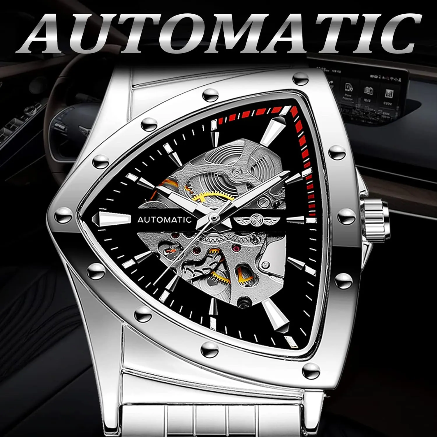 FORSINING Triangle Skeleton Men's Automatic Mechanical Watch Luxury Gold Black Stainless Steel Watches Waterproof Luminous Sports Wristwatch