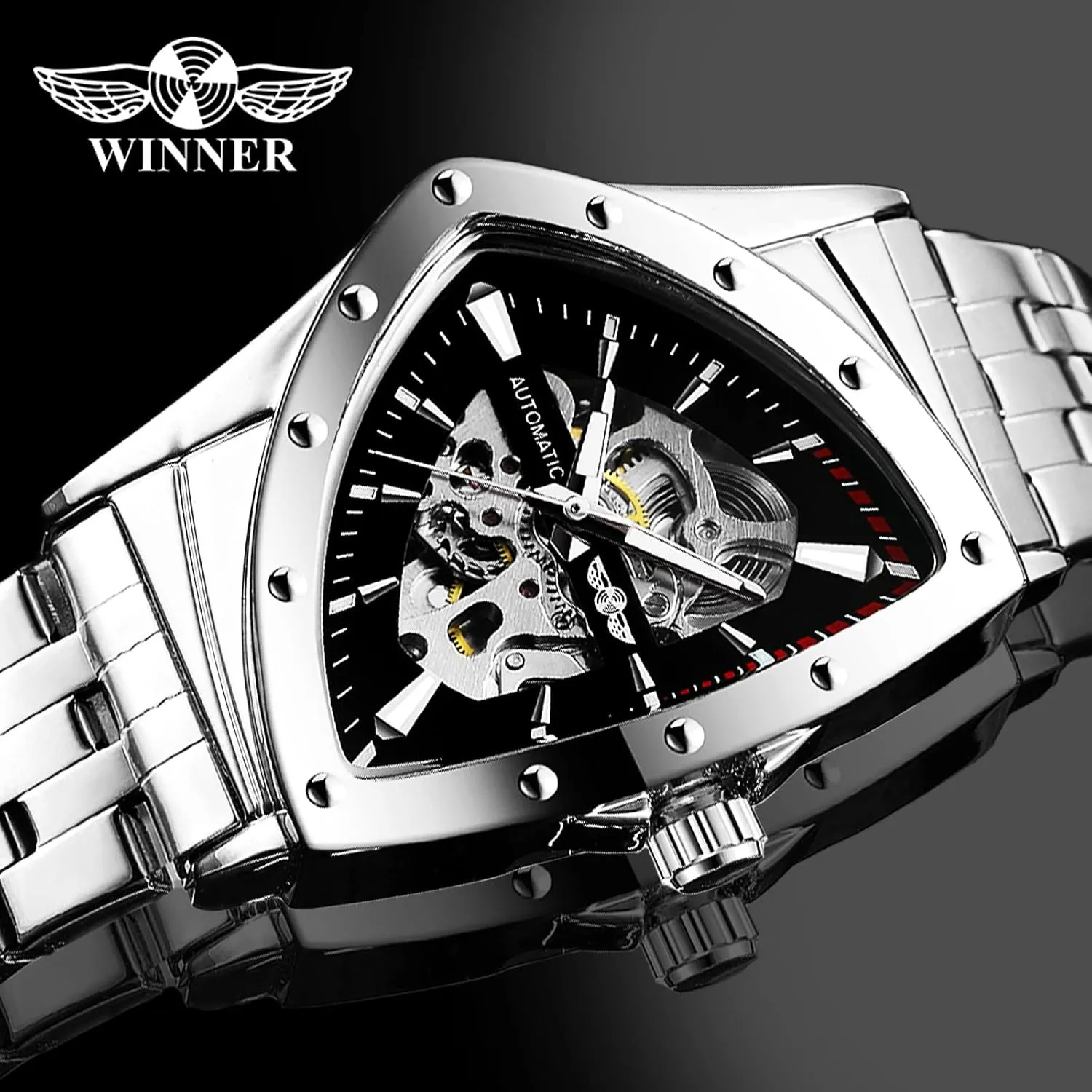 FORSINING Triangle Skeleton Men's Automatic Mechanical Watch Luxury Gold Black Stainless Steel Watches Waterproof Luminous Sports Wristwatch