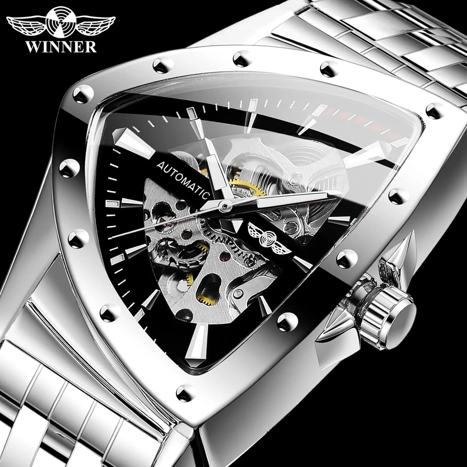 FORSINING Triangle Skeleton Men's Automatic Mechanical Watch Luxury Gold Black Stainless Steel Watches Waterproof Luminous Sports Wristwatch