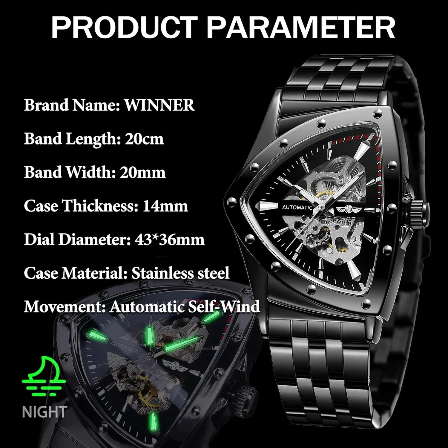 FORSINING Triangle Skeleton Men's Automatic Mechanical Watch Luxury Gold Black Stainless Steel Watches Waterproof Luminous Sports Wristwatch