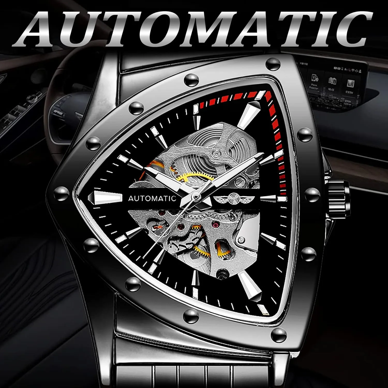 FORSINING Triangle Skeleton Men's Automatic Mechanical Watch Luxury Gold Black Stainless Steel Watches Waterproof Luminous Sports Wristwatch