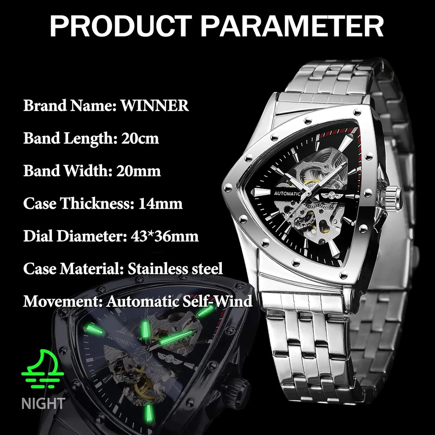 FORSINING Triangle Skeleton Men's Automatic Mechanical Watch Luxury Gold Black Stainless Steel Watches Waterproof Luminous Sports Wristwatch