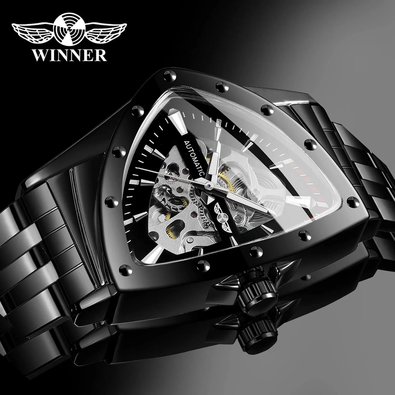 FORSINING Triangle Skeleton Men's Automatic Mechanical Watch Luxury Gold Black Stainless Steel Watches Waterproof Luminous Sports Wristwatch