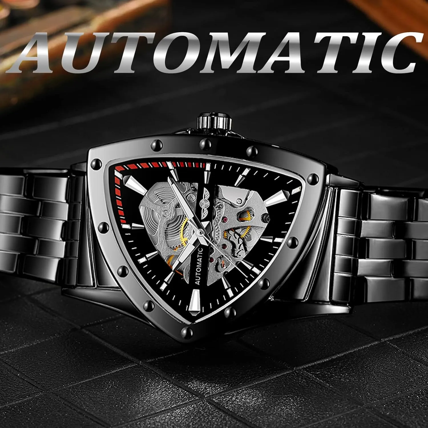 FORSINING Triangle Skeleton Men's Automatic Mechanical Watch Luxury Gold Black Stainless Steel Watches Waterproof Luminous Sports Wristwatch