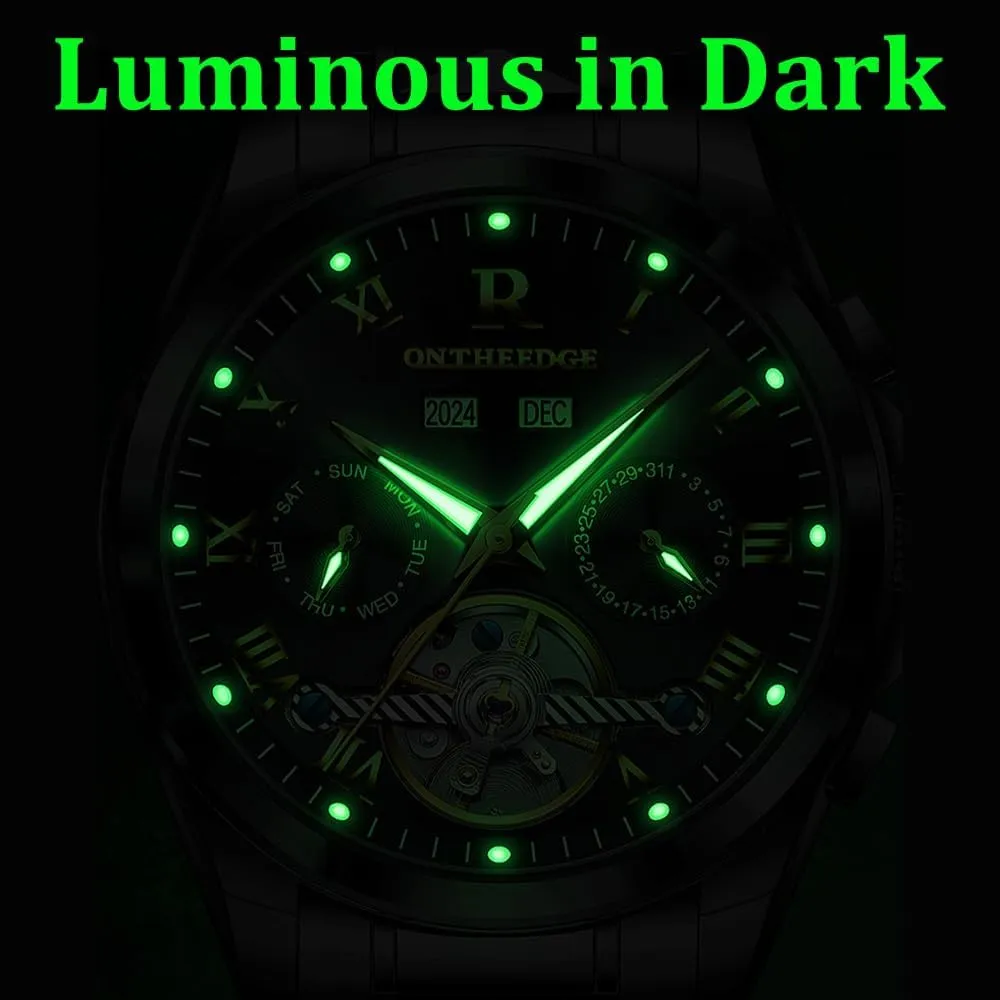 Fully Automatic Mechanical Watches Gold Dial Luminous Waterproof Hollow Skeleton Watch Stainless Steel Analog Wristwatch Gift