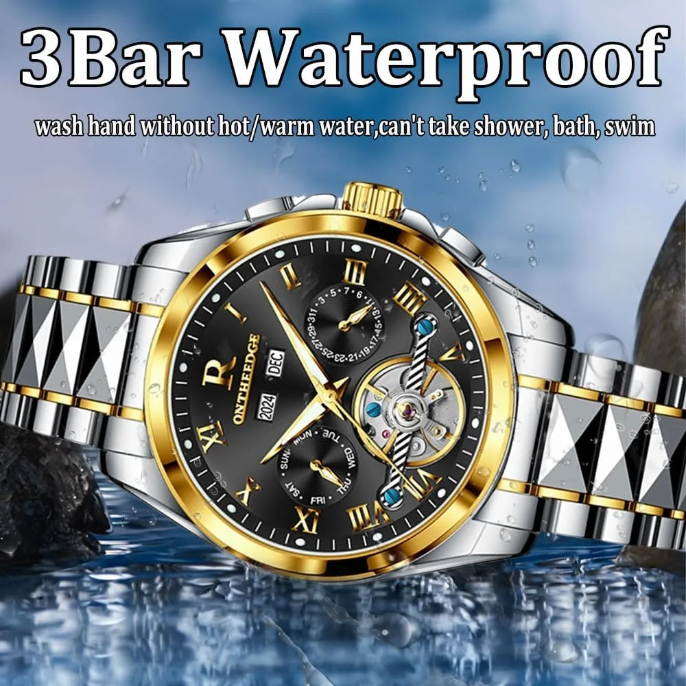 Fully Automatic Mechanical Watches Gold Dial Luminous Waterproof Hollow Skeleton Watch Stainless Steel Analog Wristwatch Gift