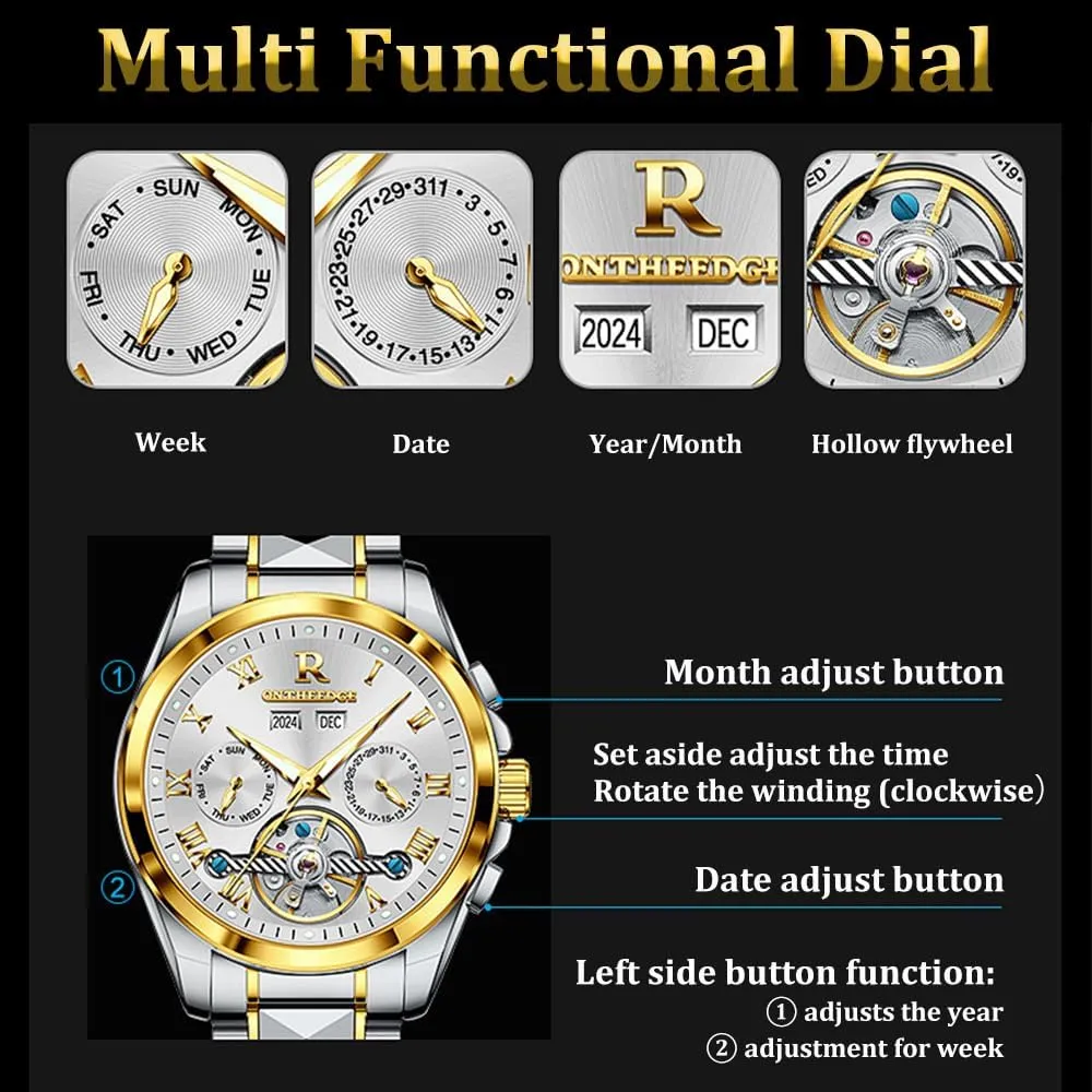 Fully Automatic Mechanical Watches Gold Dial Luminous Waterproof Hollow Skeleton Watch Stainless Steel Analog Wristwatch Gift
