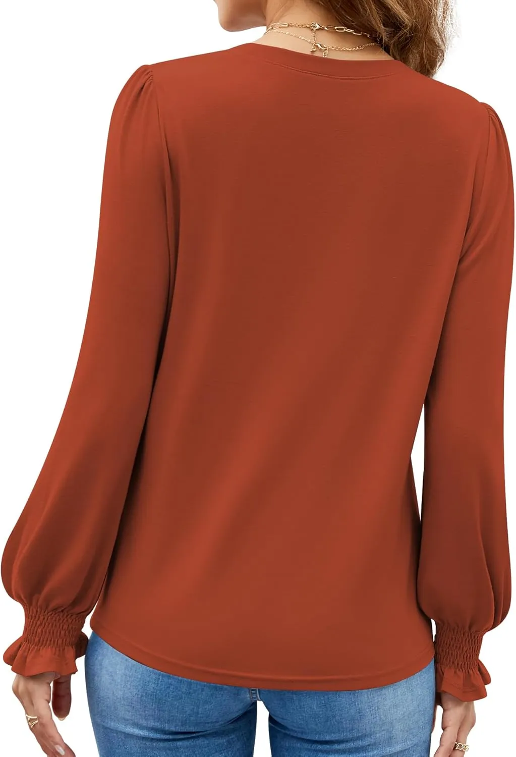 Funlingo Womens Long Sleeve Tops Fashion Fall Shirts Scoop Neck Pleated Ruffle Loose Tunic Tops Business Work Blouse