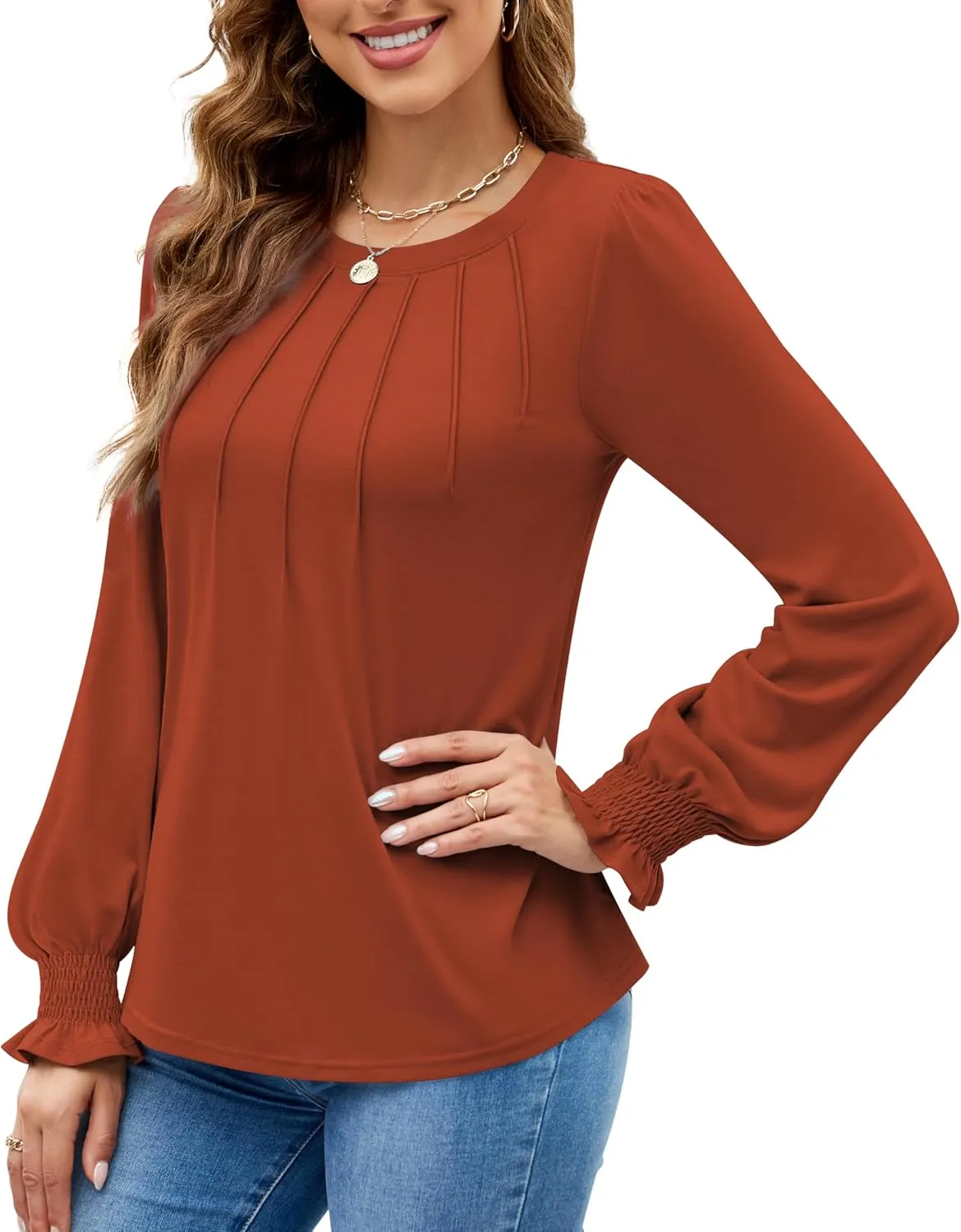 Funlingo Womens Long Sleeve Tops Fashion Fall Shirts Scoop Neck Pleated Ruffle Loose Tunic Tops Business Work Blouse