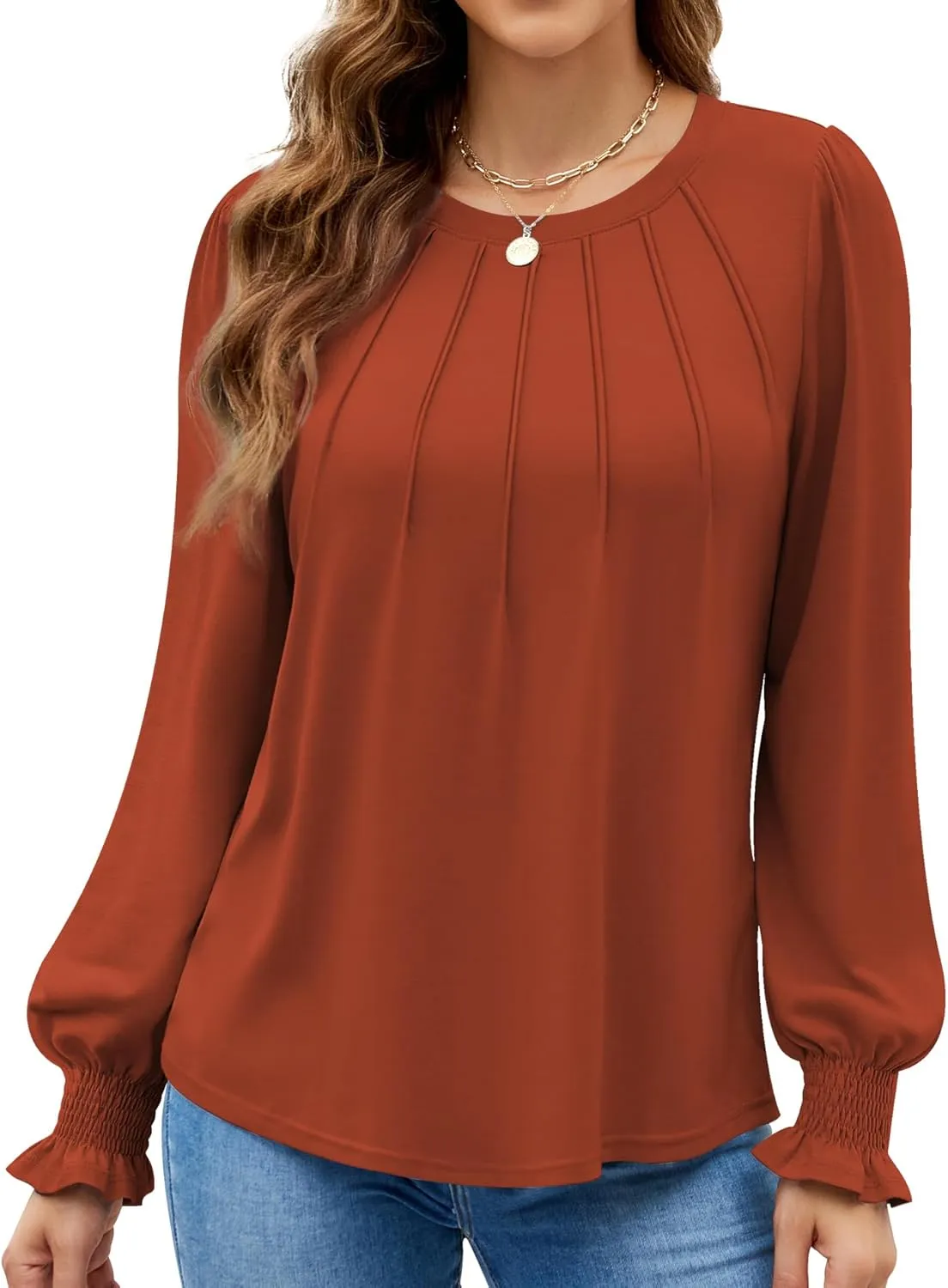 Funlingo Womens Long Sleeve Tops Fashion Fall Shirts Scoop Neck Pleated Ruffle Loose Tunic Tops Business Work Blouse