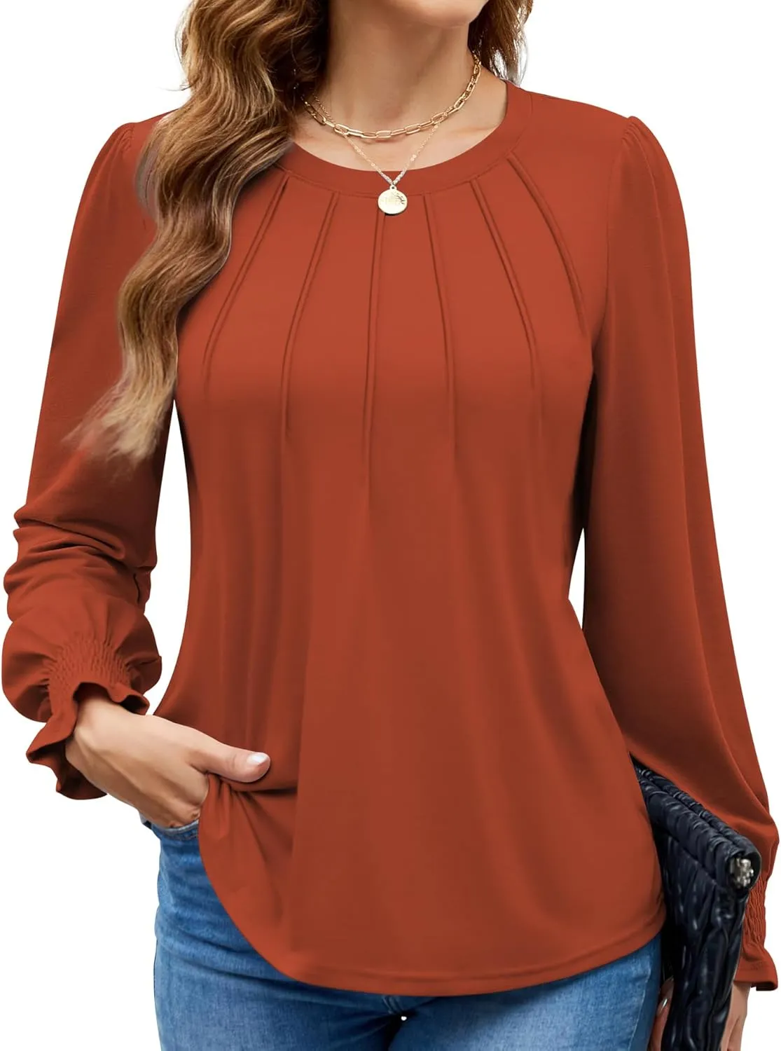 Funlingo Womens Long Sleeve Tops Fashion Fall Shirts Scoop Neck Pleated Ruffle Loose Tunic Tops Business Work Blouse